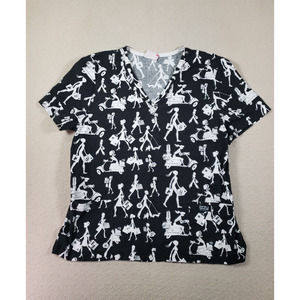 Izzy Scrubs Womens Small Black Printed Cotton‎ V-Neck Short Sleeve Uniform